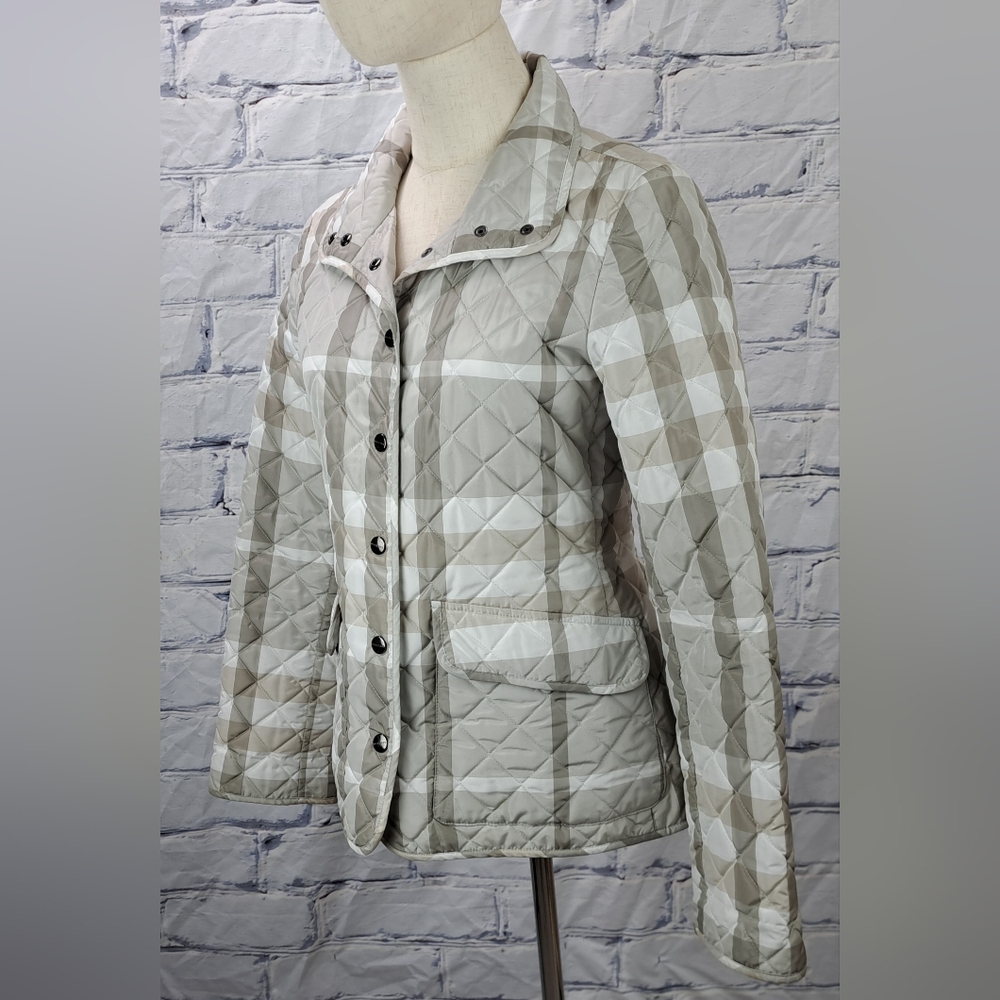 Burberry Women's Quilted Jacket Coat Pale Stone Check Snap Filled Size XS